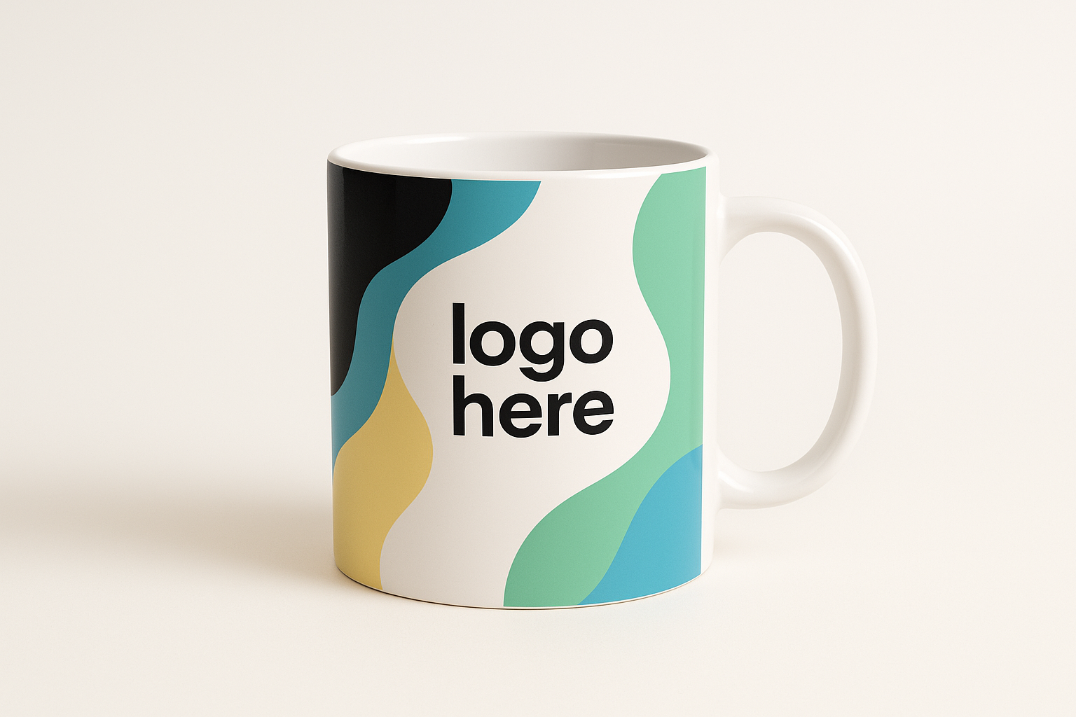 black, green, blue, white, and pastel yellow coffee mug that say logo here