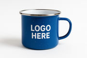 Blue camping coffee cup that says logo here