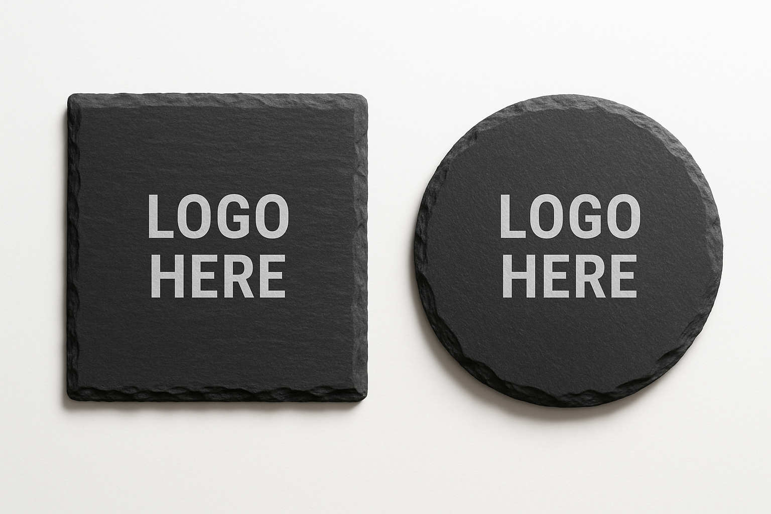 create an image of a square slate coaster that says logo here AND a circle slate coaster that says logo here