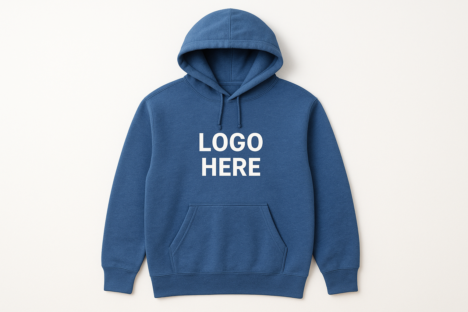 Create an image that has a blue hooded sweatshirt that says logo here in the center, create a red hooded sweatshirt that says logo here in the upper right area of the chest, create a brown hooded sweatshirt with a pocket that says logo here in the center