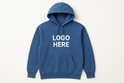 Create an image that has a blue hooded sweatshirt that says logo here in the center, create a red hooded sweatshirt that says logo here in the upper right area of the chest, create a brown hooded sweatshirt with a pocket that says logo here in the center