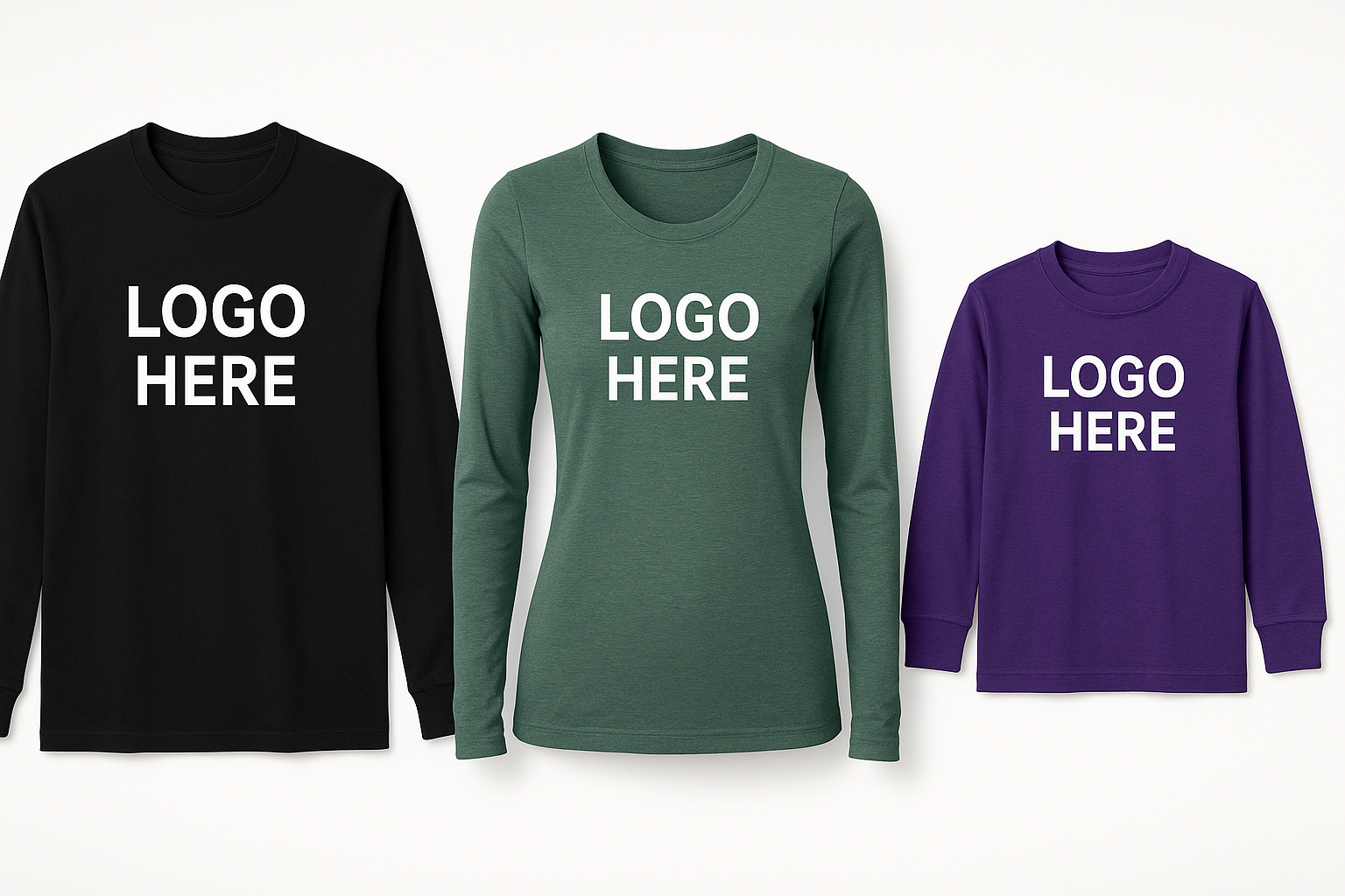 create an image that has a long sleeve t-shirt in black that says logo here, a long sleeve woman's heather green t-shirt that says logo here, and a long sleeve kids t-shirt in purple that says logo here