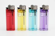 create an image that includes a clear red lighter, a clear yellow lighter, a clear blue lighter and a clear purple lighter