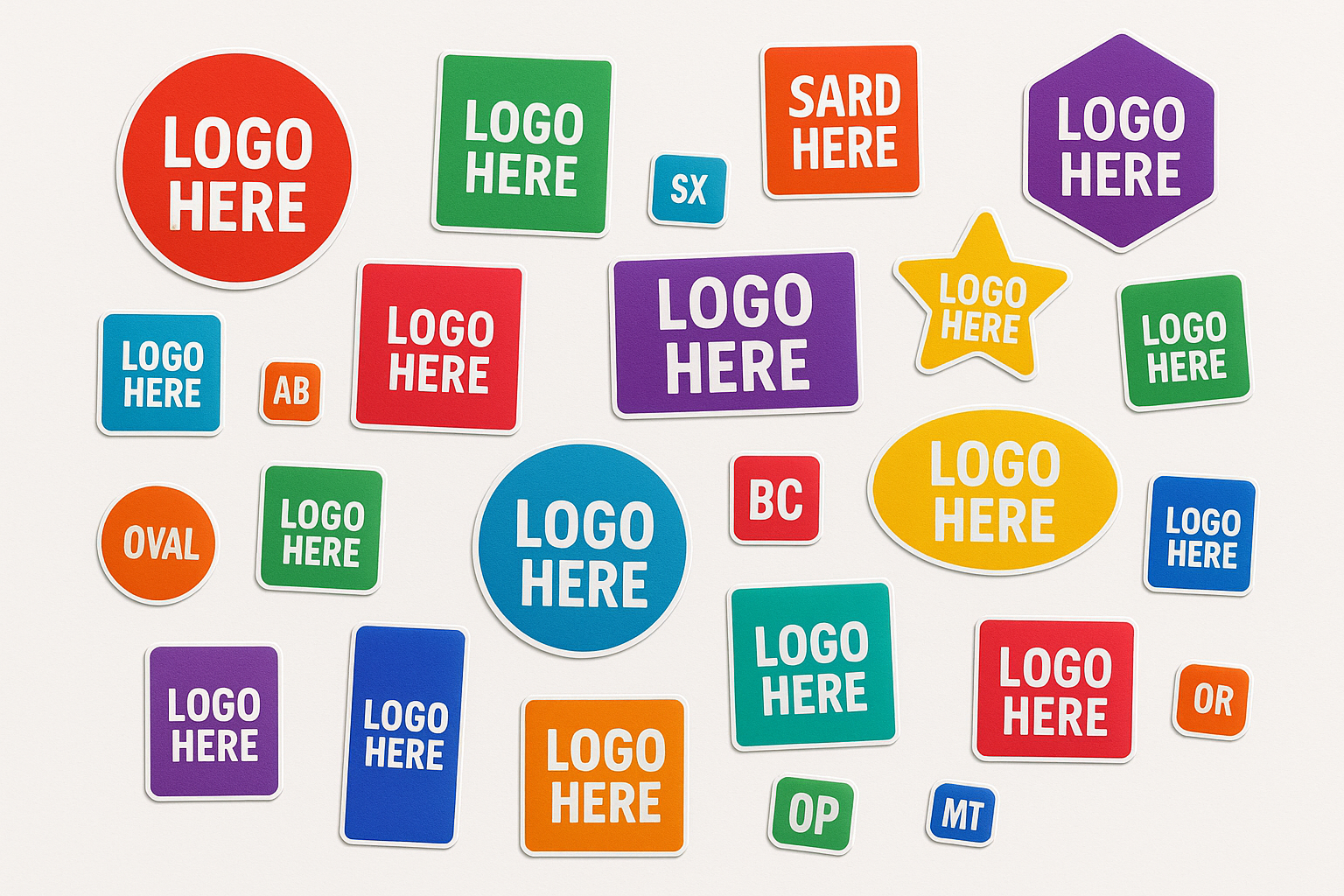 image of multiple shaped stickers in multiple sizes that all say logo here