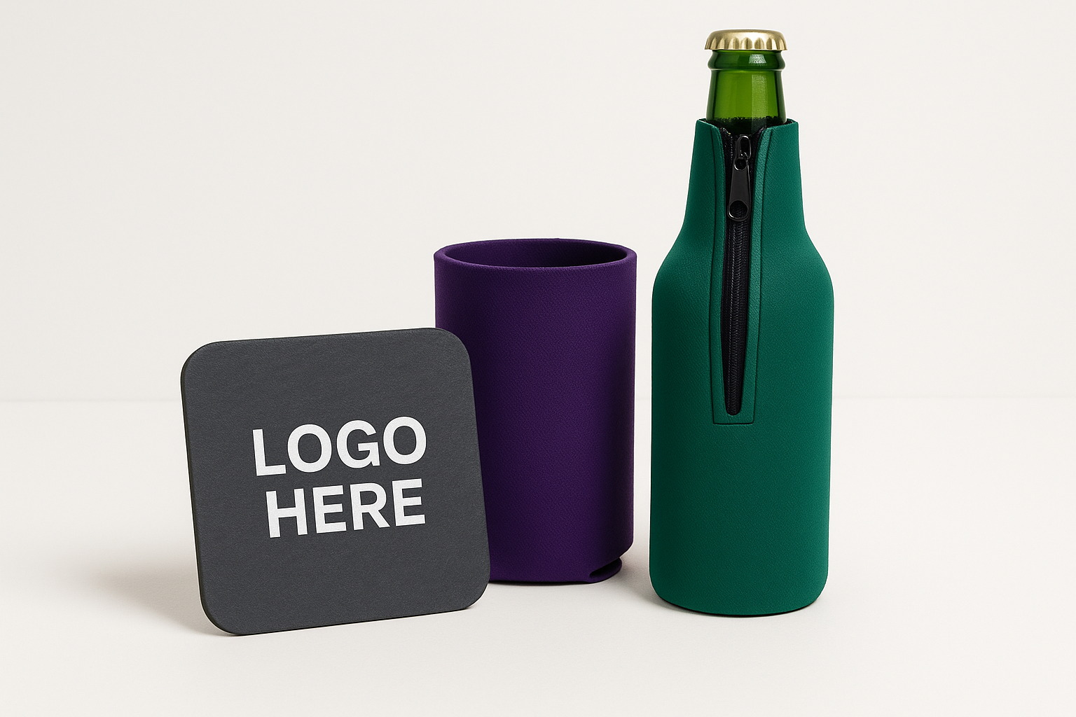 image that includes a slate blank coaster that says logo here, a purple can koozie, and a tall green bottle koozie with a zipper