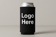 koozie for a tall slim can in black that says Logo Here in white