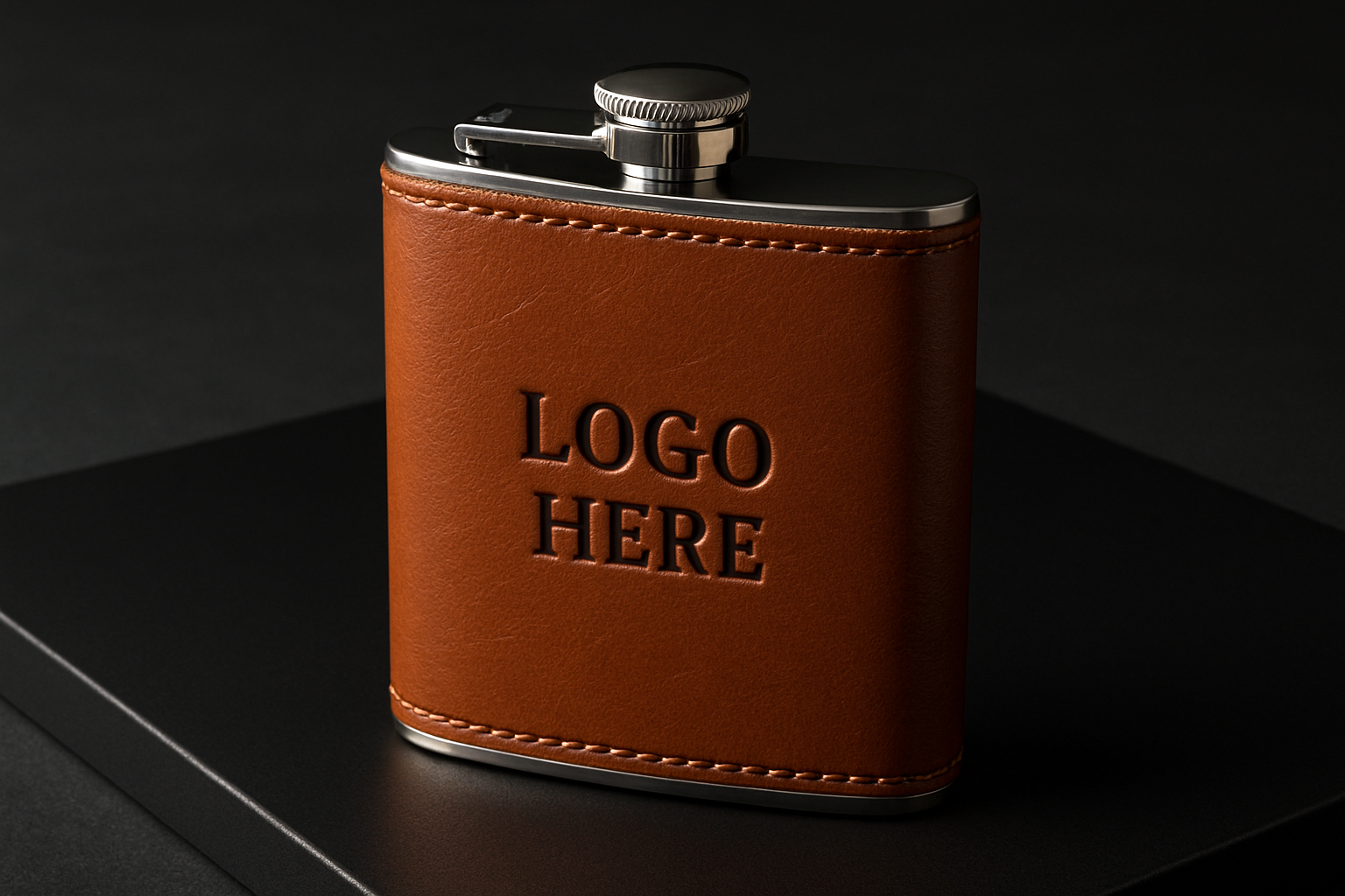 leather wrapped flask on black metal that says logo here