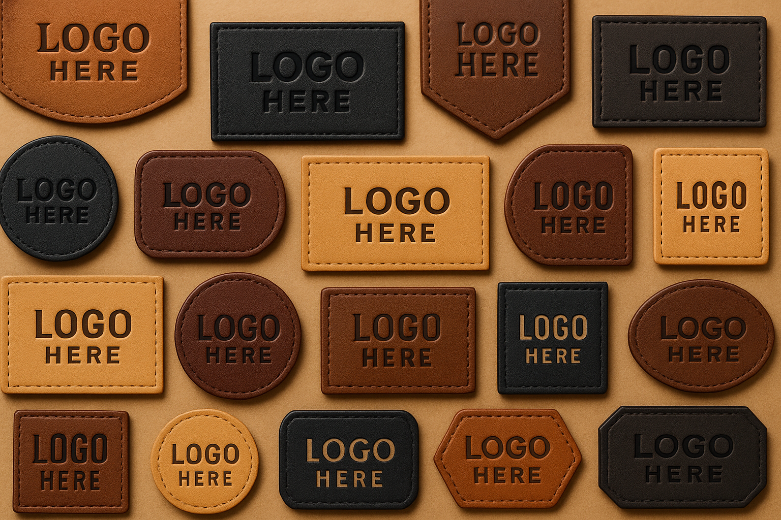 variety of leather patches in a variety of shapes and colors that says logo here