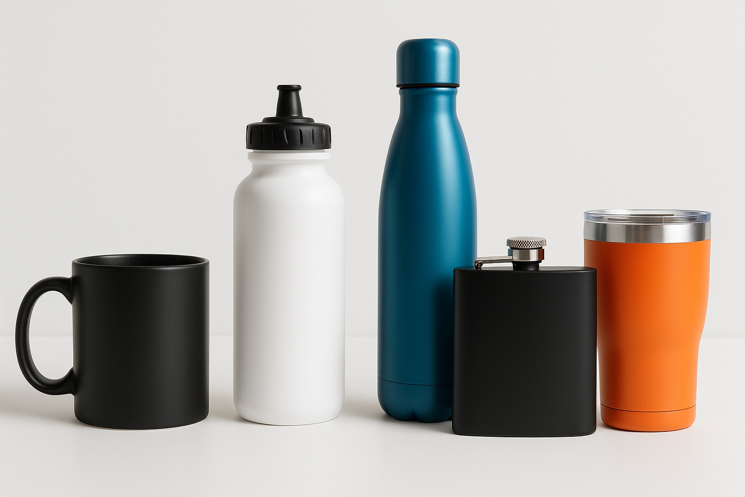 black coffee mug, white plastic water bottle, blue stainless steel water bottle, black metal flask, and orange stainless steel tumbler