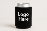 black koozie for a can that says Logo Here in white