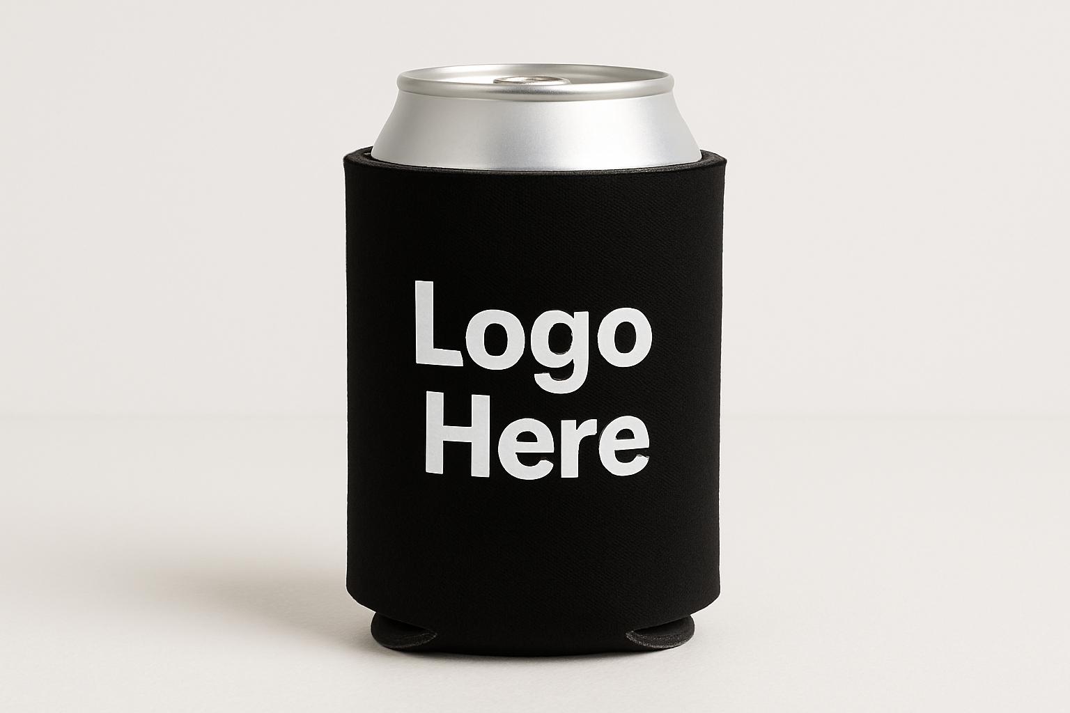 black koozie for a can that says Logo Here in white