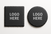 create an image of a square slate coaster that says logo here AND a circle slate coaster that says logo here