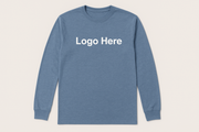Heather blue long sleeve t-shirt that says Logo Here