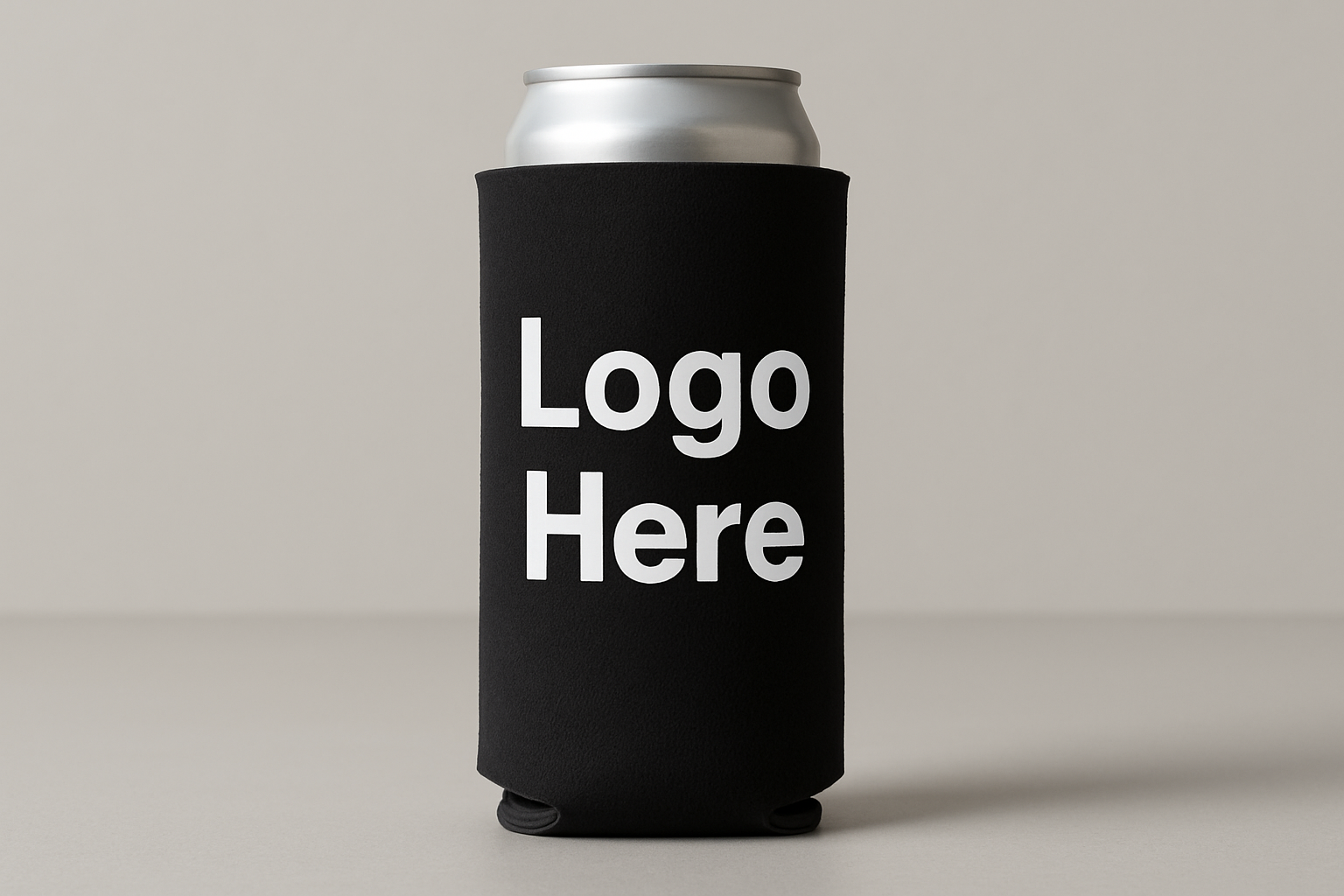 koozie for a tall slim can in black that says Logo Here in white